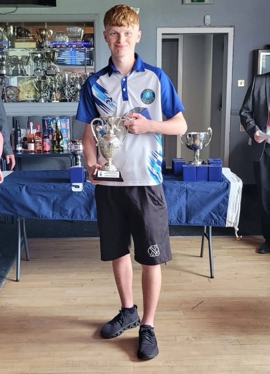 Kyle Malcomson of Polmaise Bowling Club pictured with the Under 25s Singles trophy after winning the Stirling County Association Final at Burnhead Bowling Club.